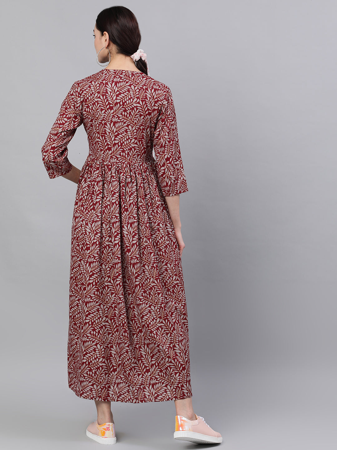 Women Maroon Floral Printed Mandarin Collar Cotton Maxi Dress | LASVINI - Redefining Indian Fashion with Elegance