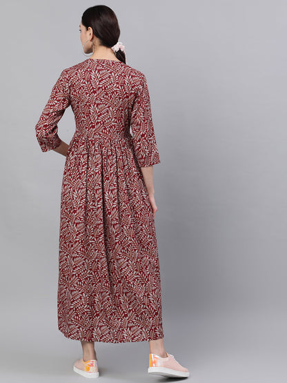 Women Maroon Floral Printed Mandarin Collar Cotton Maxi Dress | LASVINI - Redefining Indian Fashion with Elegance