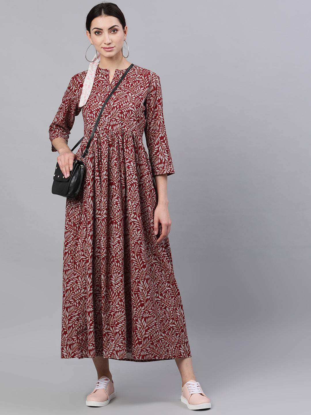 Women Maroon Floral Printed Mandarin Collar Cotton Maxi Dress | LASVINI - Redefining Indian Fashion with Elegance