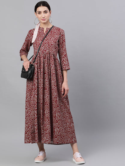 Women Maroon Floral Printed Mandarin Collar Cotton Maxi Dress | LASVINI - Redefining Indian Fashion with Elegance