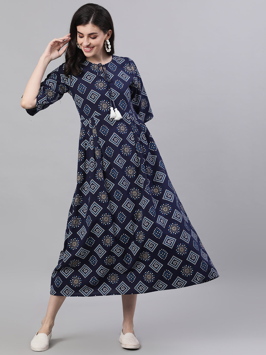 Women Navy Blue Geometric Printed Tie-Up Neck Cotton Maxi Dress | LASVINI - Redefining Indian Fashion with Elegance