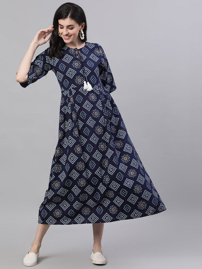Women Navy Blue Geometric Printed Tie-Up Neck Cotton Maxi Dress | LASVINI - Redefining Indian Fashion with Elegance