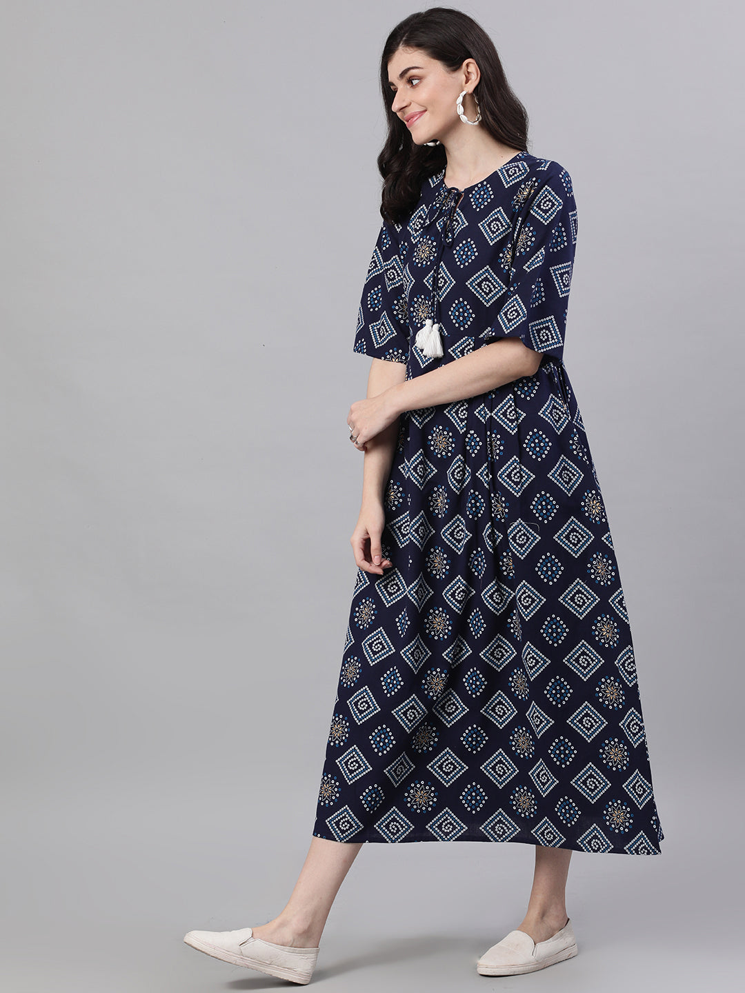 Women Navy Blue Geometric Printed Tie-Up Neck Cotton Maxi Dress | LASVINI - Redefining Indian Fashion with Elegance