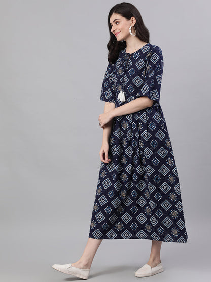 Women Navy Blue Geometric Printed Tie-Up Neck Cotton Maxi Dress | LASVINI - Redefining Indian Fashion with Elegance
