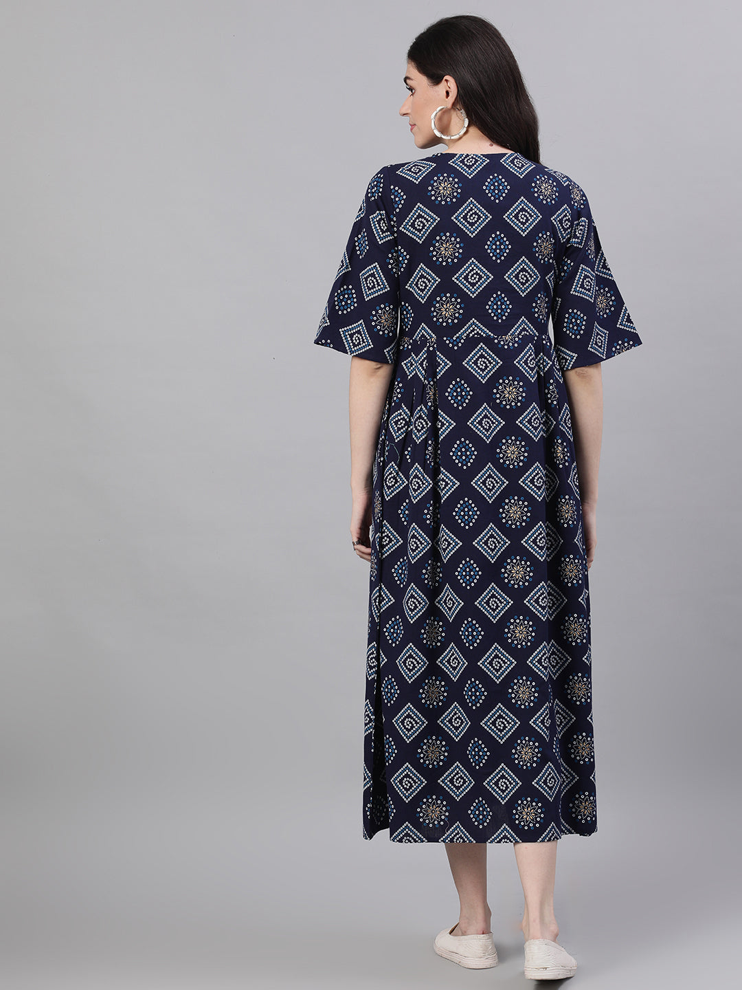 Women Navy Blue Geometric Printed Tie-Up Neck Cotton Maxi Dress | LASVINI - Redefining Indian Fashion with Elegance