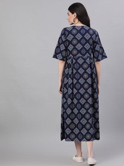 Women Navy Blue Geometric Printed Tie-Up Neck Cotton Maxi Dress | LASVINI - Redefining Indian Fashion with Elegance