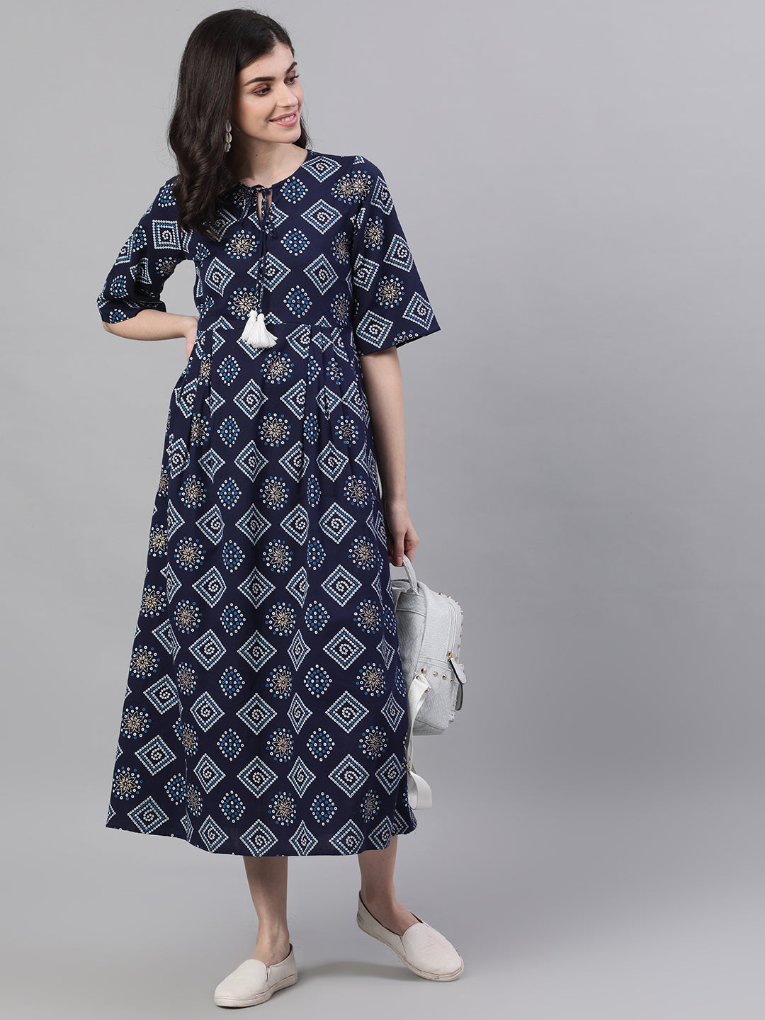 Women Navy Blue Geometric Printed Tie-Up Neck Cotton Maxi Dress | LASVINI - Redefining Indian Fashion with Elegance