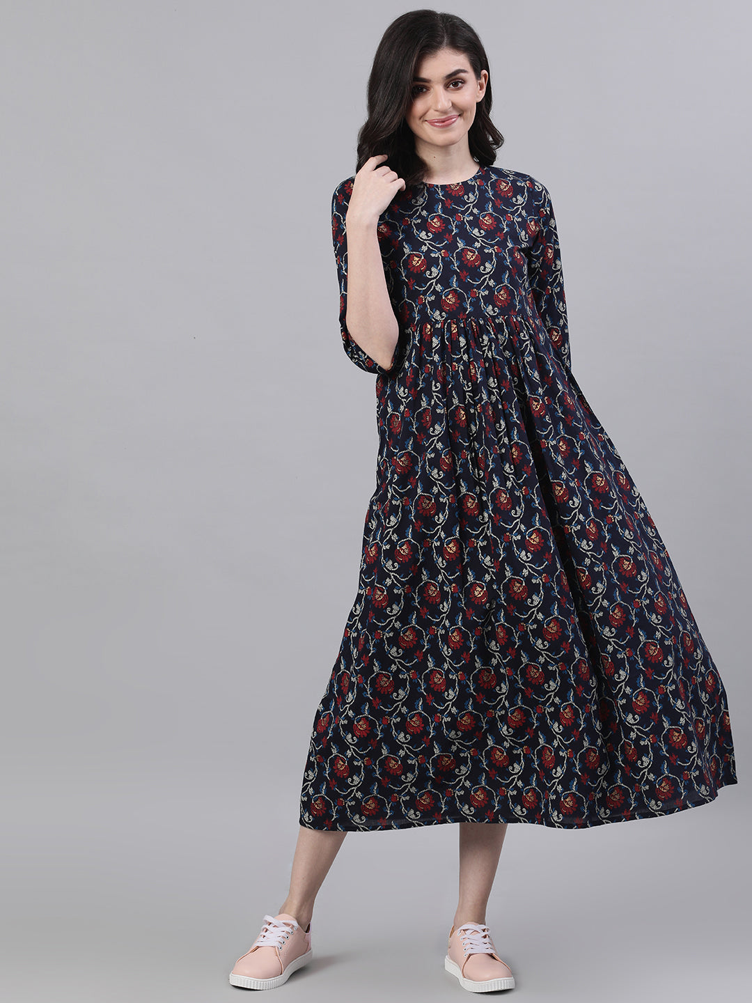 Women Navy Blue Floral Printed Round Neck Cotton Maxi Dress | LASVINI - Redefining Indian Fashion with Elegance