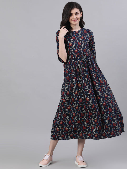 Women Navy Blue Floral Printed Round Neck Cotton Maxi Dress | LASVINI - Redefining Indian Fashion with Elegance