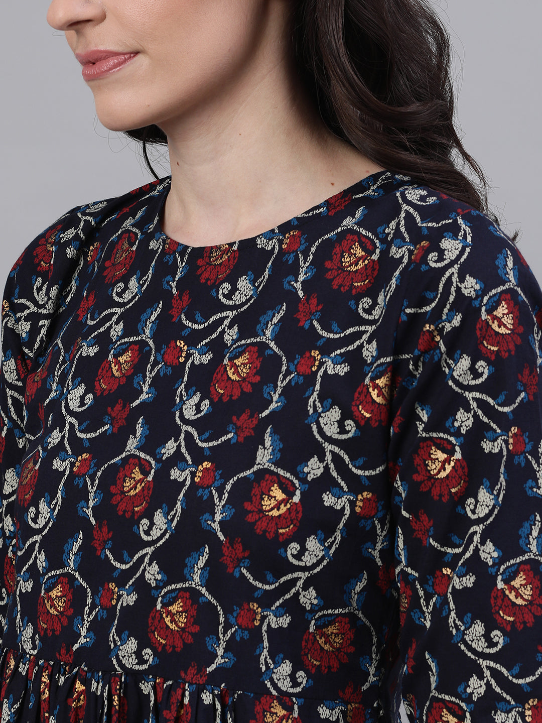 Women Navy Blue Floral Printed Round Neck Cotton Maxi Dress | LASVINI - Redefining Indian Fashion with Elegance