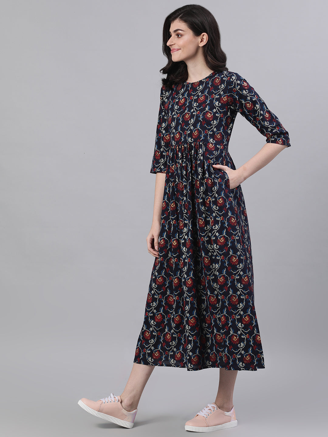 Women Navy Blue Floral Printed Round Neck Cotton Maxi Dress | LASVINI - Redefining Indian Fashion with Elegance