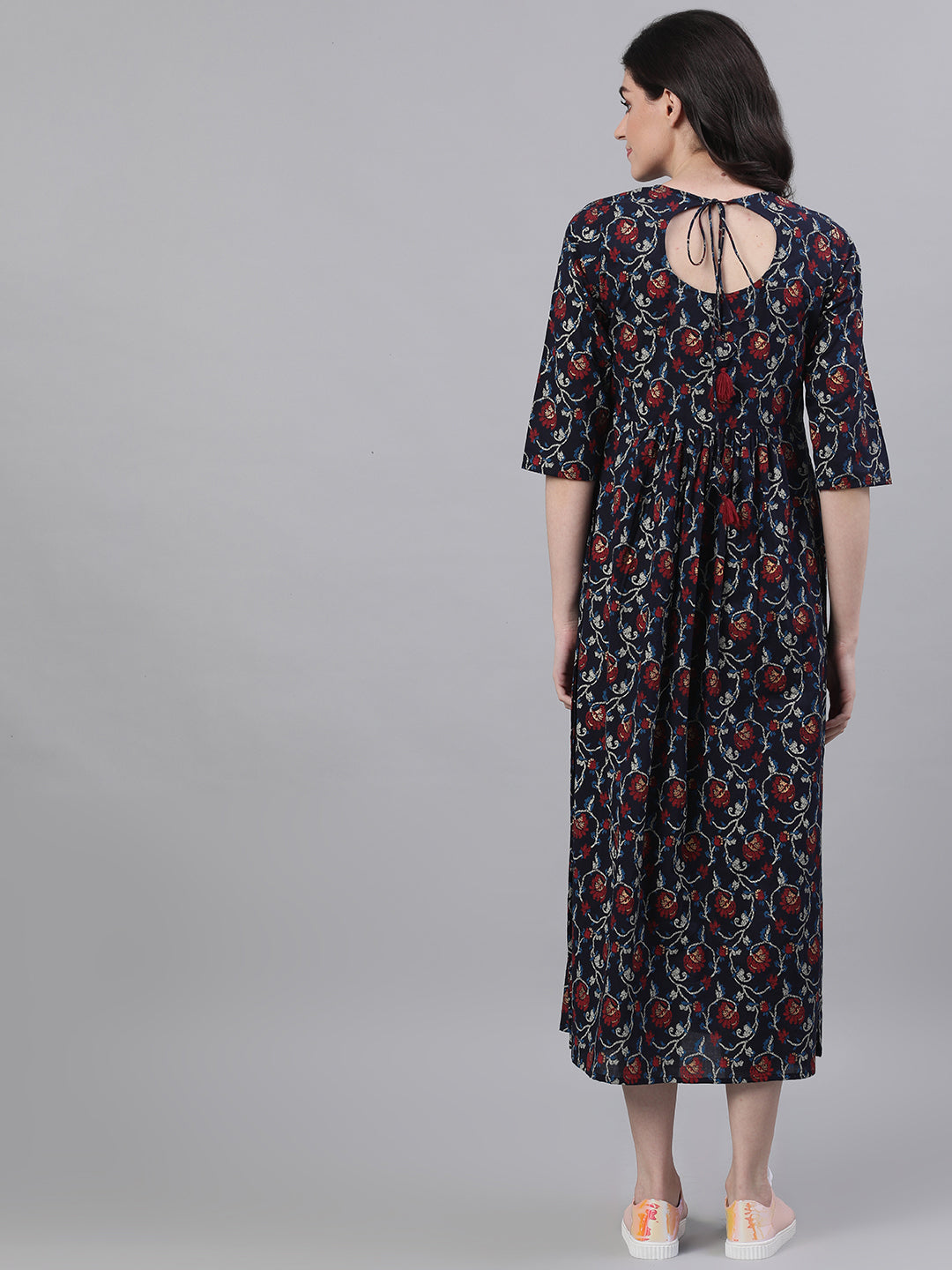 Women Navy Blue Floral Printed Round Neck Cotton Maxi Dress | LASVINI - Redefining Indian Fashion with Elegance