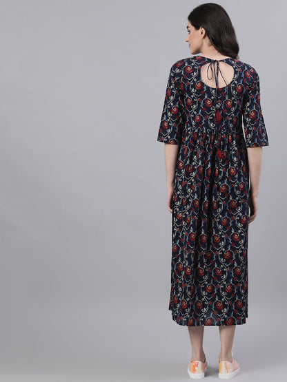 Women Navy Blue Floral Printed Round Neck Cotton Maxi Dress | LASVINI - Redefining Indian Fashion with Elegance