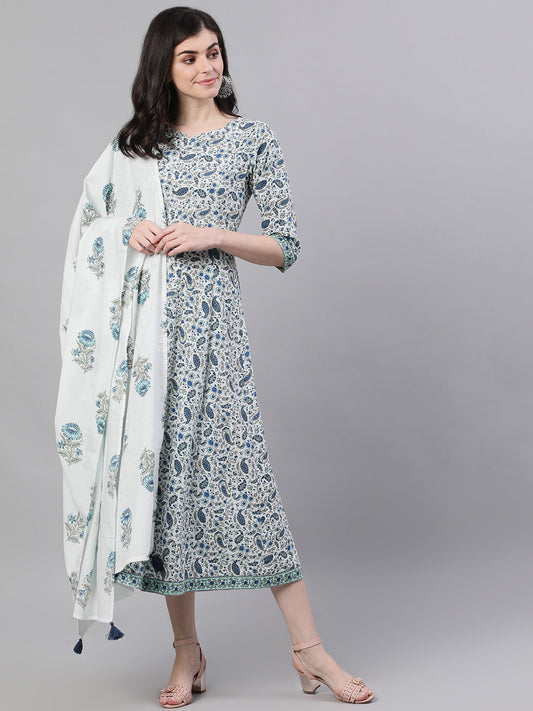 Women White Ethnic Motifs Printed V-Neck Cotton Maxi Dress With Dupatta | LASVINI - Redefining Indian Fashion with Elegance