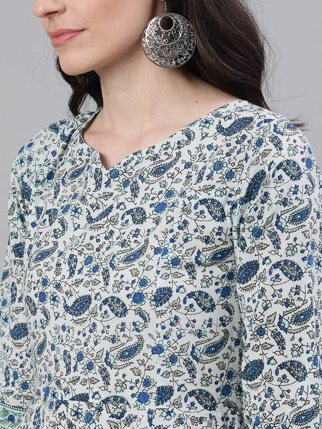 Women White Ethnic Motifs Printed V-Neck Cotton Maxi Dress With Dupatta | LASVINI - Redefining Indian Fashion with Elegance