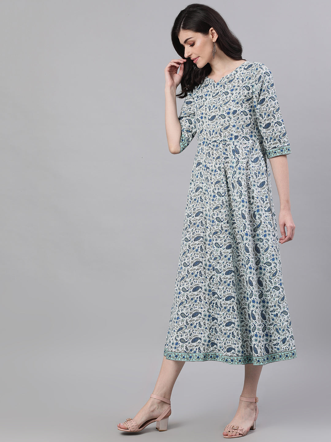 Women White Ethnic Motifs Printed V-Neck Cotton Maxi Dress With Dupatta | LASVINI - Redefining Indian Fashion with Elegance