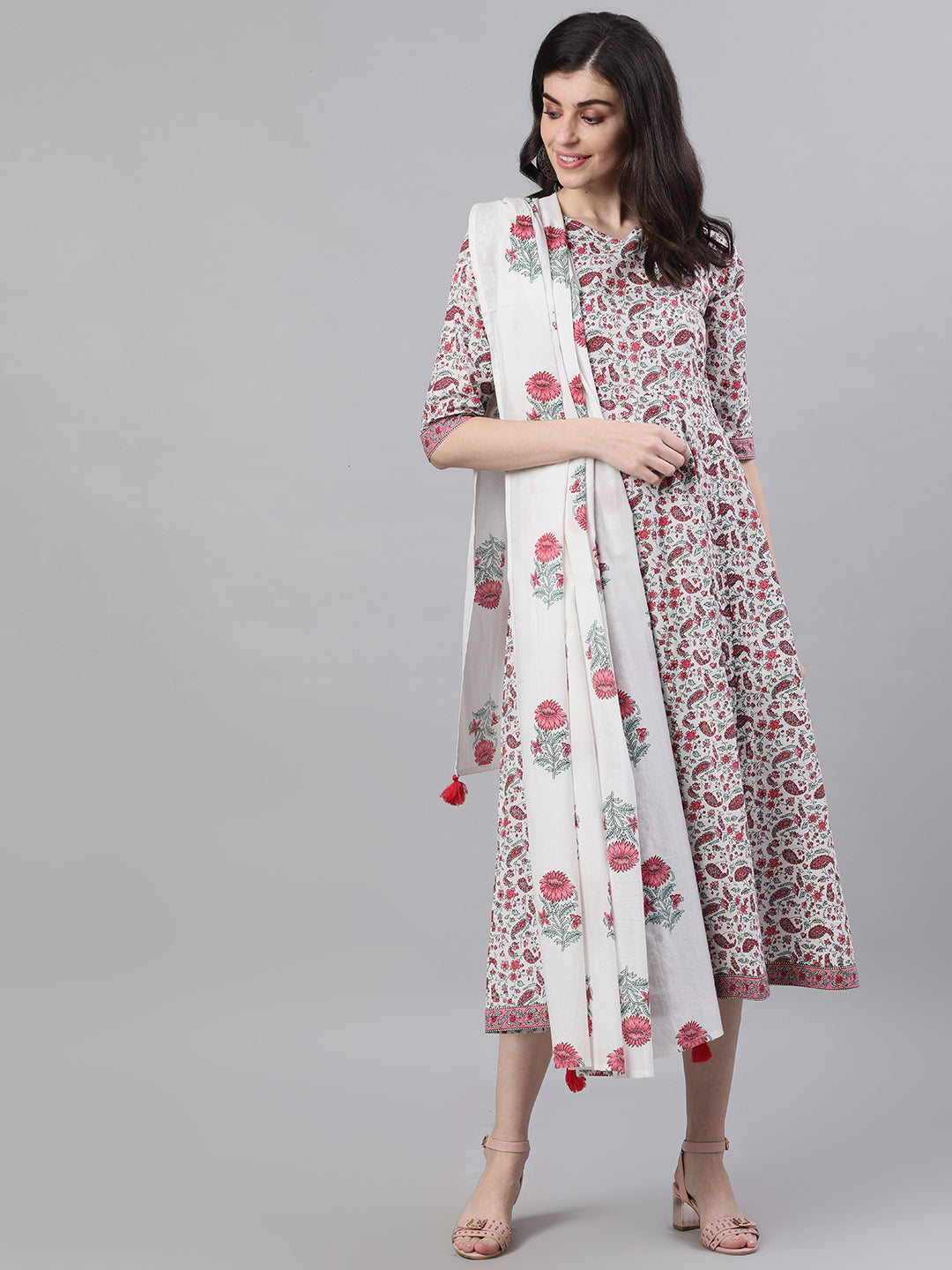 Women White Ethnic Motifs Printed V-Neck Cotton Maxi Dress With Dupatta | LASVINI - Redefining Indian Fashion with Elegance