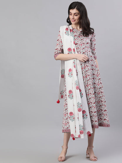 Women White Ethnic Motifs Printed V-Neck Cotton Maxi Dress With Dupatta | LASVINI - Redefining Indian Fashion with Elegance