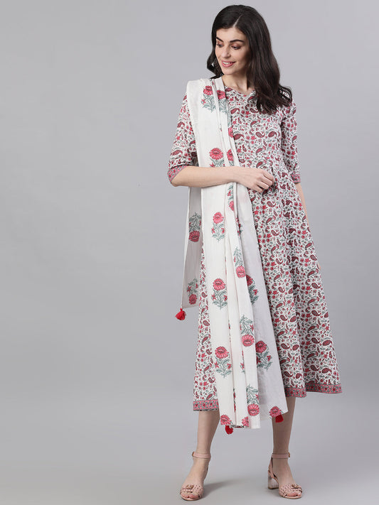 Women White Ethnic Motifs Printed V-Neck Cotton Maxi Dress With Dupatta | LASVINI - Redefining Indian Fashion with Elegance