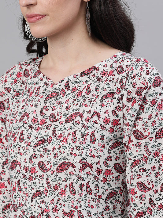 Women White Ethnic Motifs Printed V-Neck Cotton Maxi Dress With Dupatta | LASVINI - Redefining Indian Fashion with Elegance