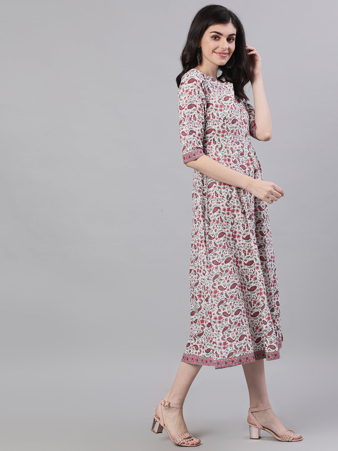 Women White Ethnic Motifs Printed V-Neck Cotton Maxi Dress With Dupatta | LASVINI - Redefining Indian Fashion with Elegance