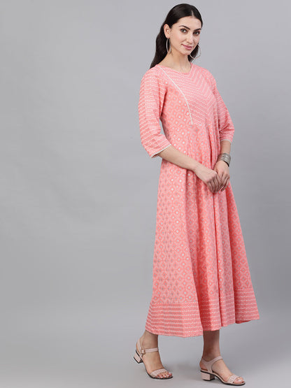 Women Pink Ethnic Motifs Checked Round Neck Cotton Maxi Dress | LASVINI - Redefining Indian Fashion with Elegance