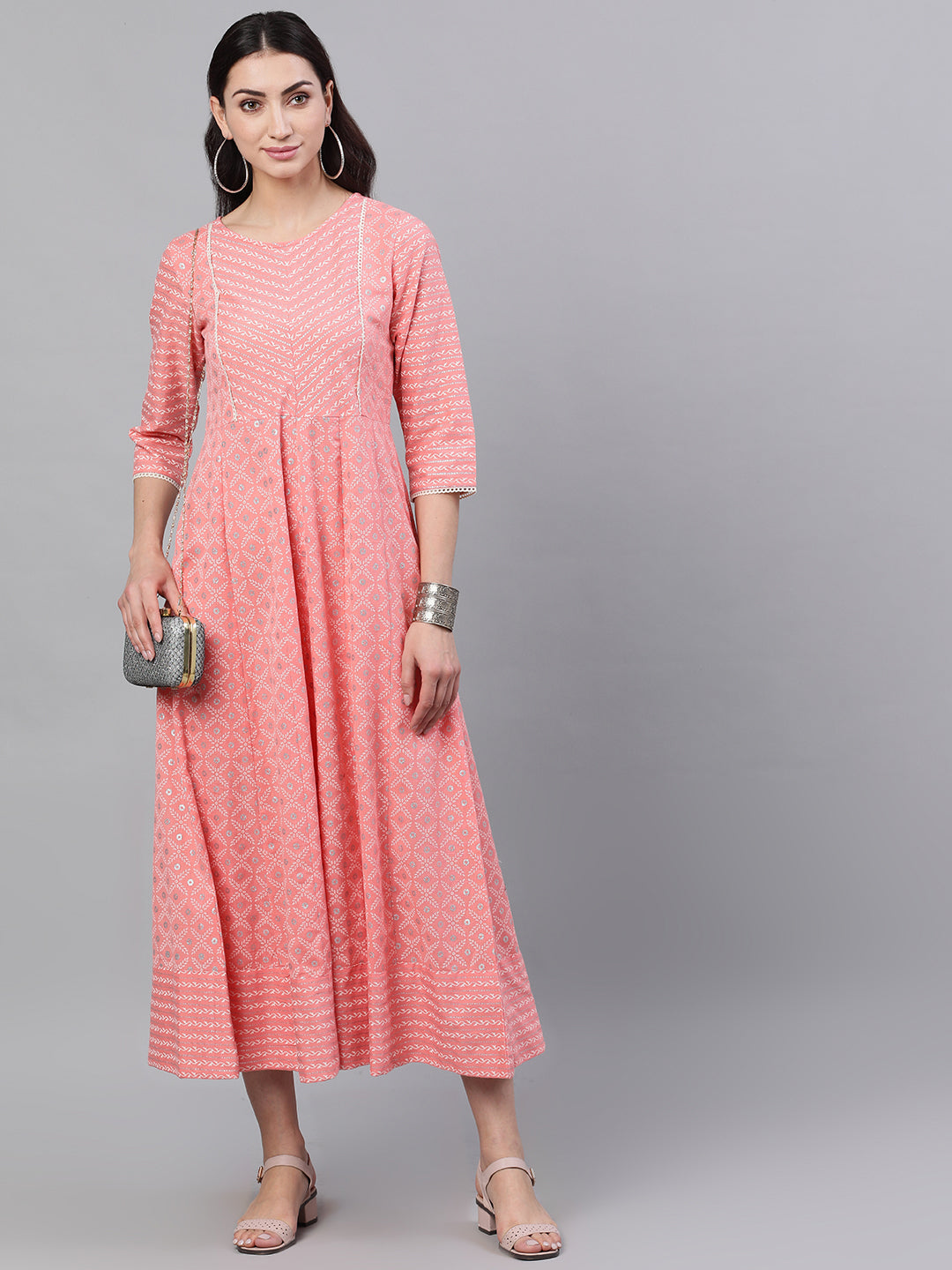 Women Pink Ethnic Motifs Checked Round Neck Cotton Maxi Dress | LASVINI - Redefining Indian Fashion with Elegance