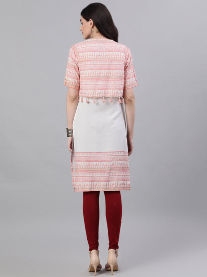 Women White Calf Length Three-Quarter Sleeves Straight Quirky Printed Viscose Rayon Kurta With Jacket | LASVINI - Redefining Indian Fashion with Elegance