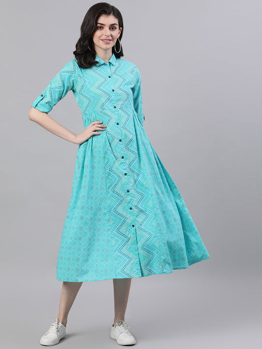 Women Blue Chevron Printed Shirt Collar Cotton Maxi Dress | LASVINI - Redefining Indian Fashion with Elegance
