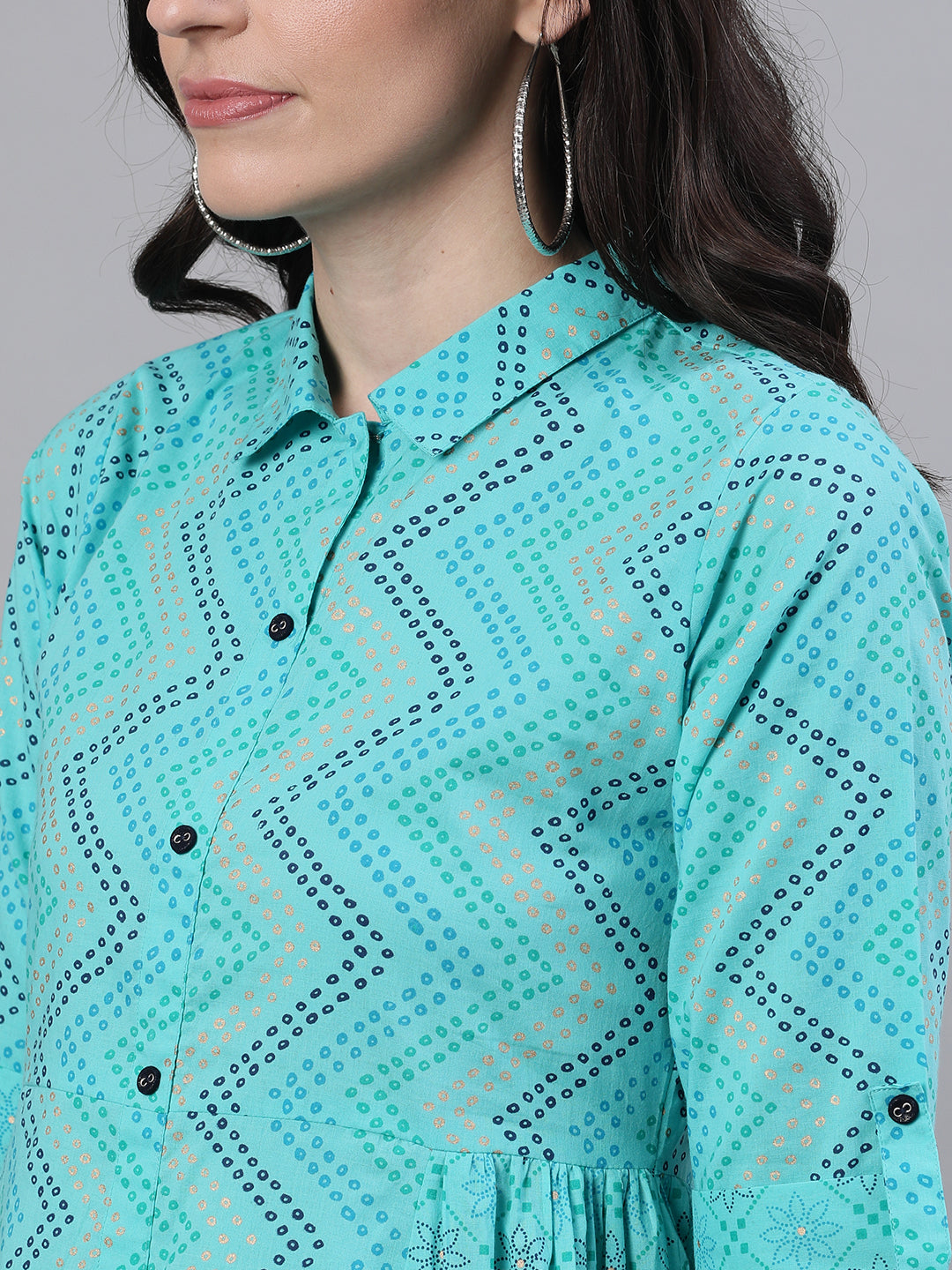 Women Blue Chevron Printed Shirt Collar Cotton Maxi Dress | LASVINI - Redefining Indian Fashion with Elegance