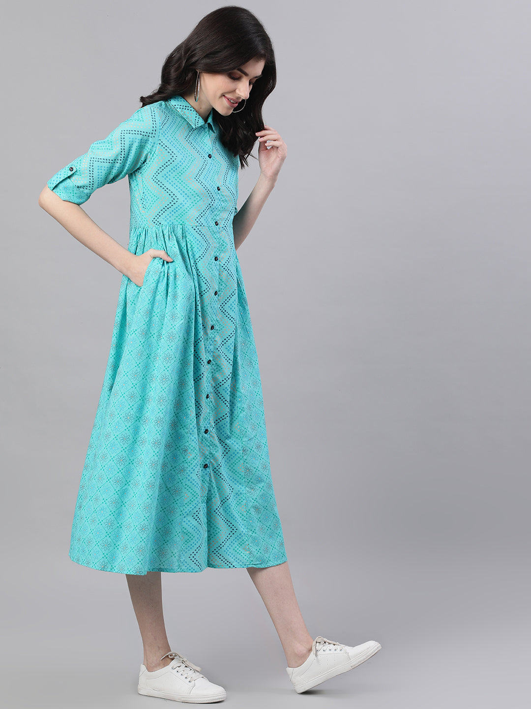 Women Blue Chevron Printed Shirt Collar Cotton Maxi Dress | LASVINI - Redefining Indian Fashion with Elegance