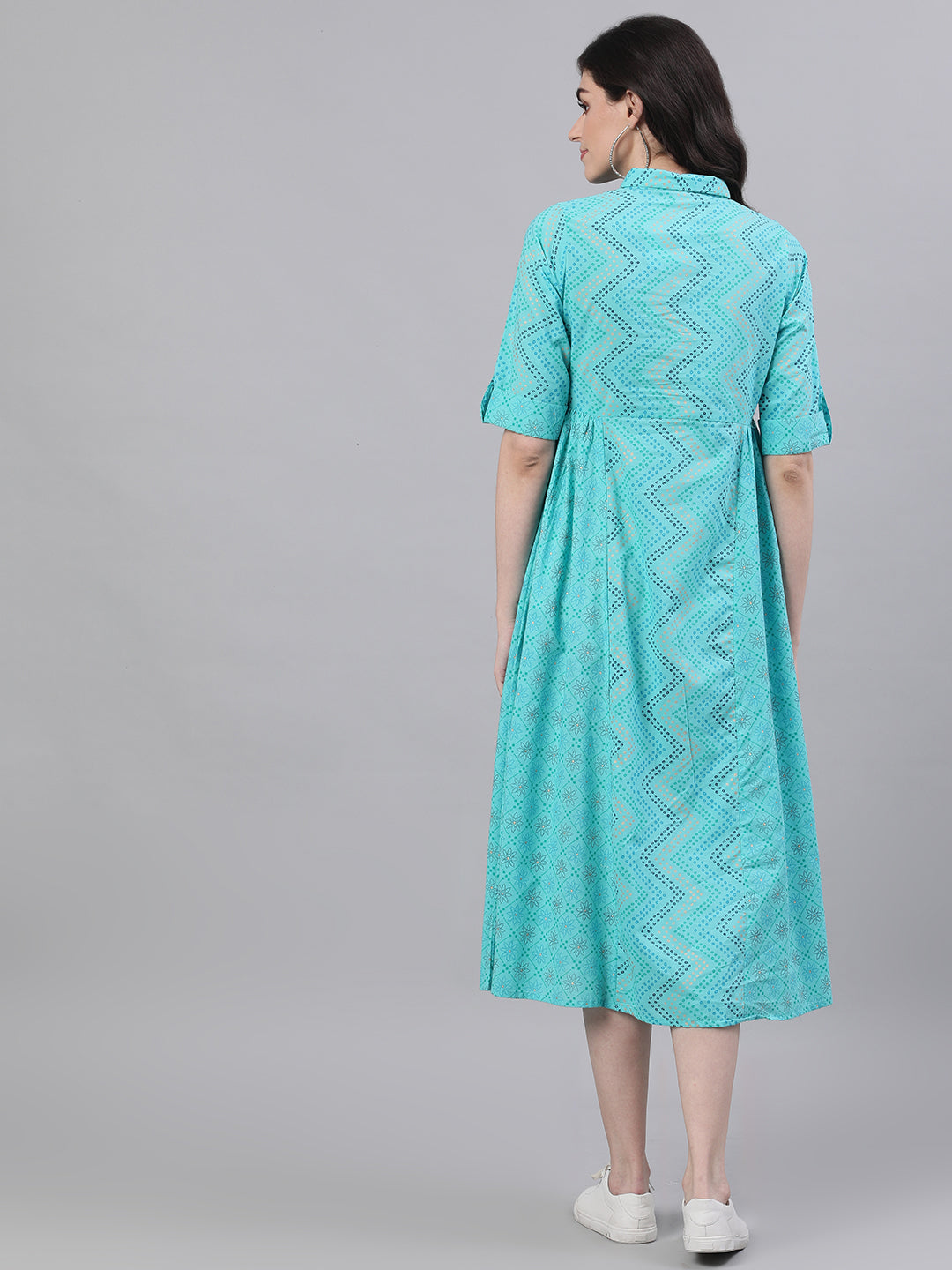 Women Blue Chevron Printed Shirt Collar Cotton Maxi Dress | LASVINI - Redefining Indian Fashion with Elegance