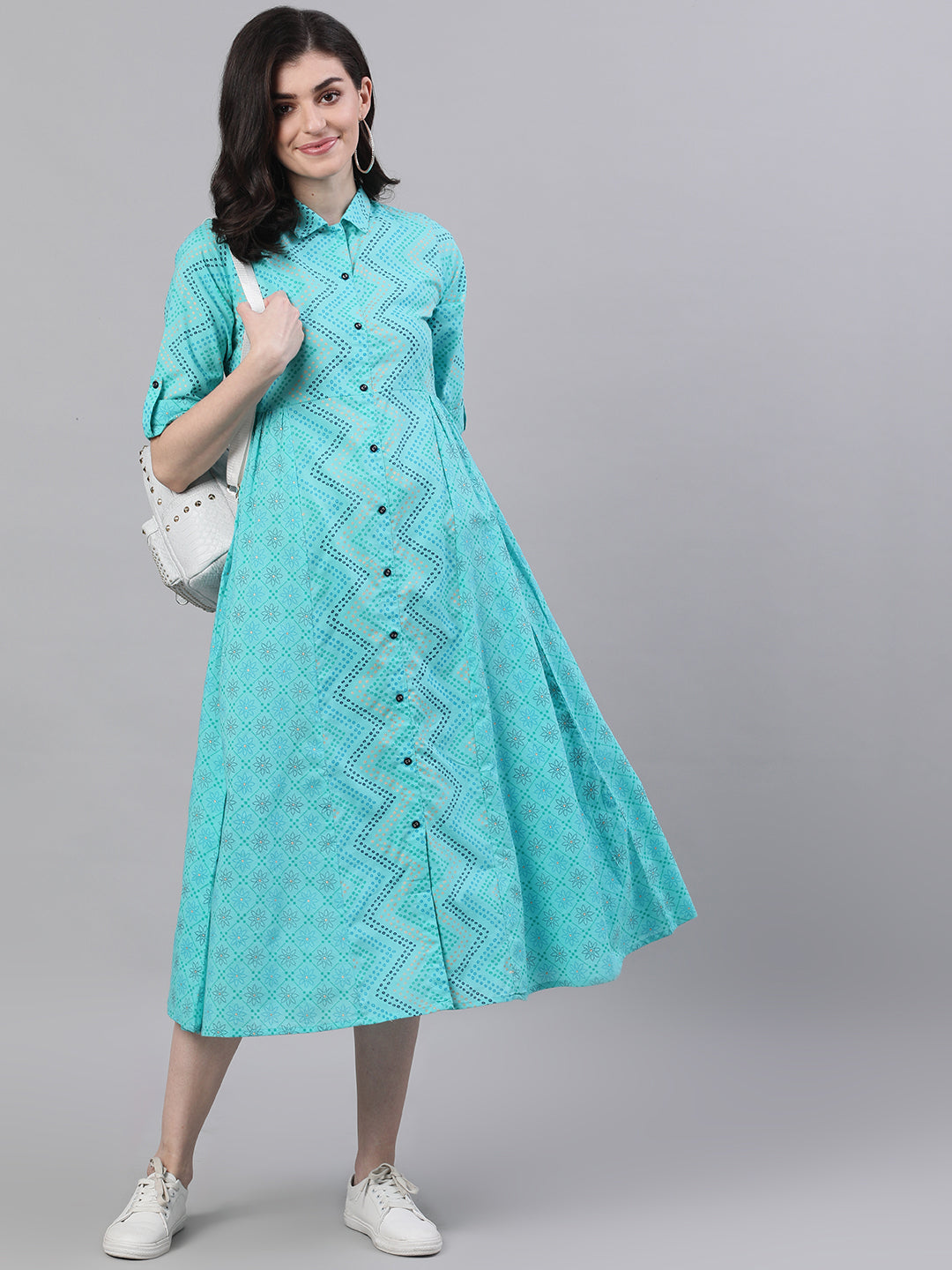 Women Blue Chevron Printed Shirt Collar Cotton Maxi Dress | LASVINI - Redefining Indian Fashion with Elegance