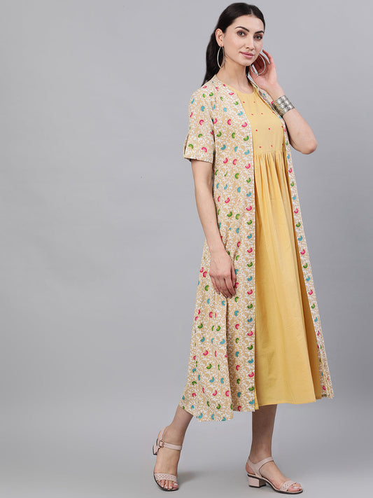 Women Beige Ethnic Motifs Printed Round Neck Cotton A-Line Dress With Shrug | LASVINI - Redefining Indian Fashion with Elegance