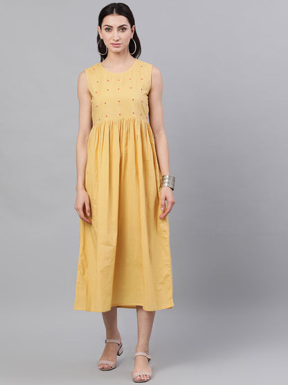 Women Beige Ethnic Motifs Printed Round Neck Cotton A-Line Dress With Shrug | LASVINI - Redefining Indian Fashion with Elegance