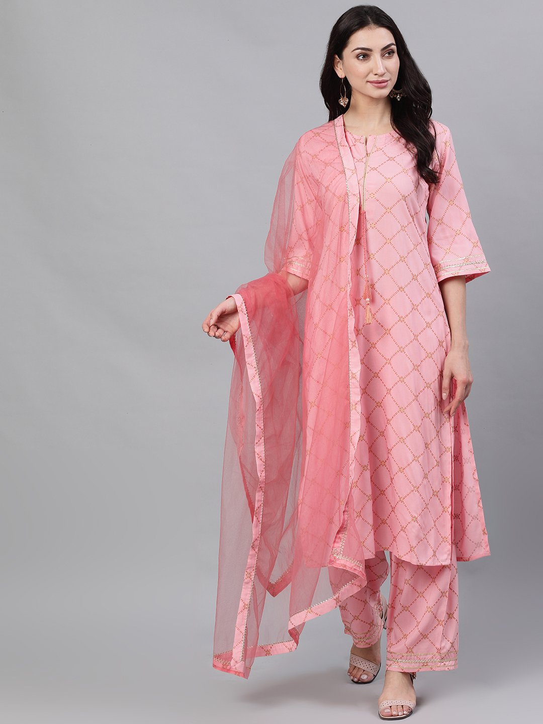 Women Peach Three-Quarter Sleeves Straight Kurta Palazzo With Dupatta | LASVINI - Redefining Indian Fashion with Elegance