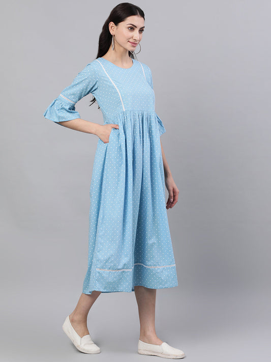 Women Blue Polka Dots Printed Round Neck Cotton Maxi Dress | LASVINI - Redefining Indian Fashion with Elegance