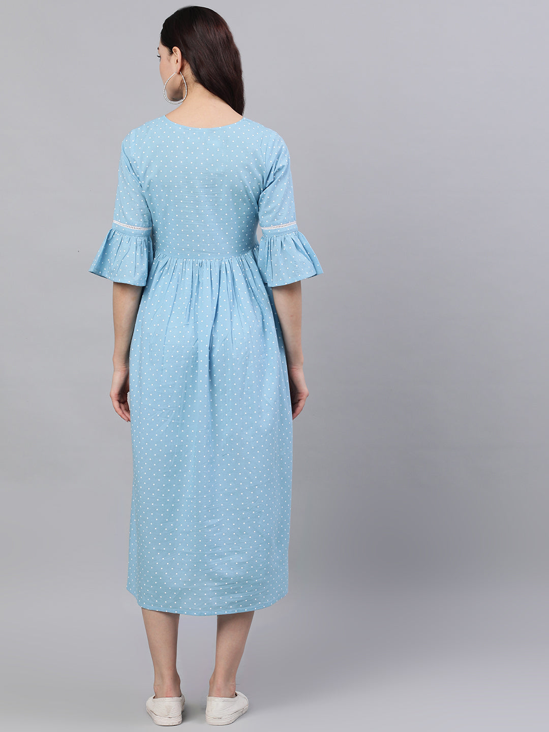 Women Blue Polka Dots Printed Round Neck Cotton Maxi Dress | LASVINI - Redefining Indian Fashion with Elegance