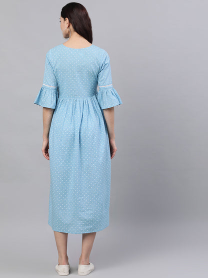 Women Blue Polka Dots Printed Round Neck Cotton Maxi Dress | LASVINI - Redefining Indian Fashion with Elegance