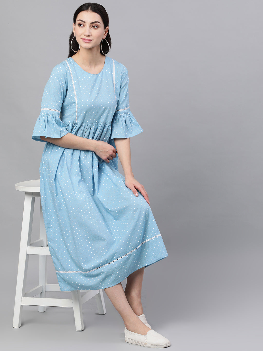 Women Blue Polka Dots Printed Round Neck Cotton Maxi Dress | LASVINI - Redefining Indian Fashion with Elegance