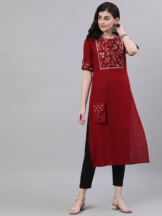 Women Maroon Calf Length Three-Quarter Sleeves Straight Woven Design Printed Viscose Rayon Kurta | LASVINI - Redefining Indian Fashion with Elegance