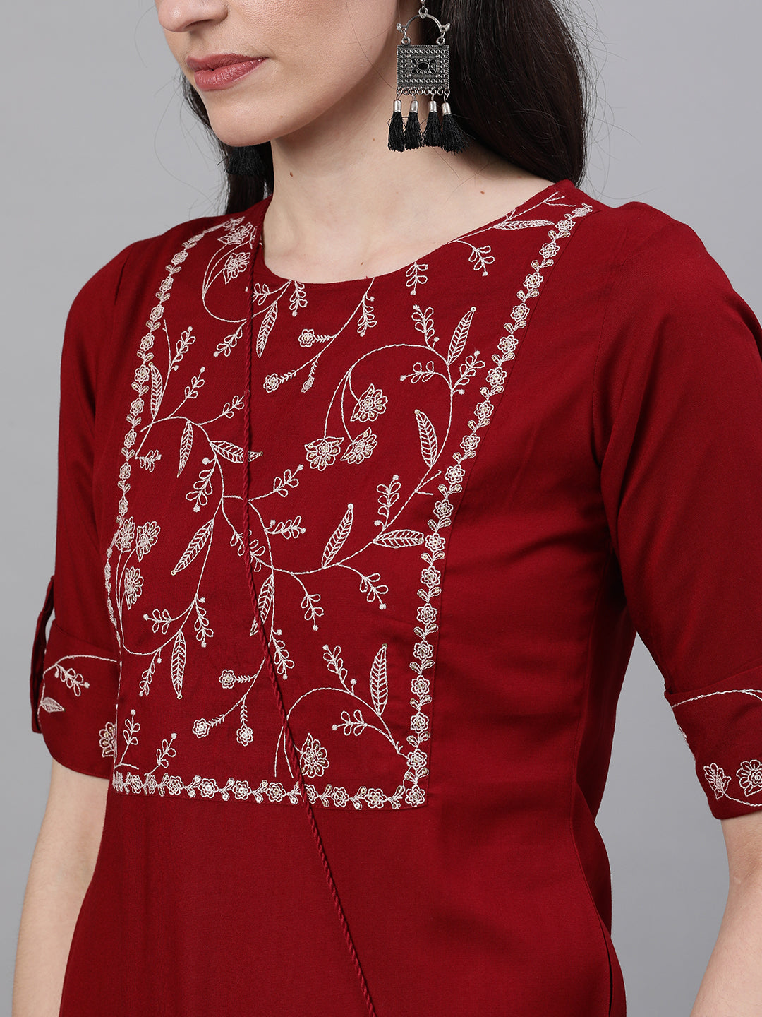 Women Maroon Calf Length Three-Quarter Sleeves Straight Woven Design Printed Viscose Rayon Kurta | LASVINI - Redefining Indian Fashion with Elegance