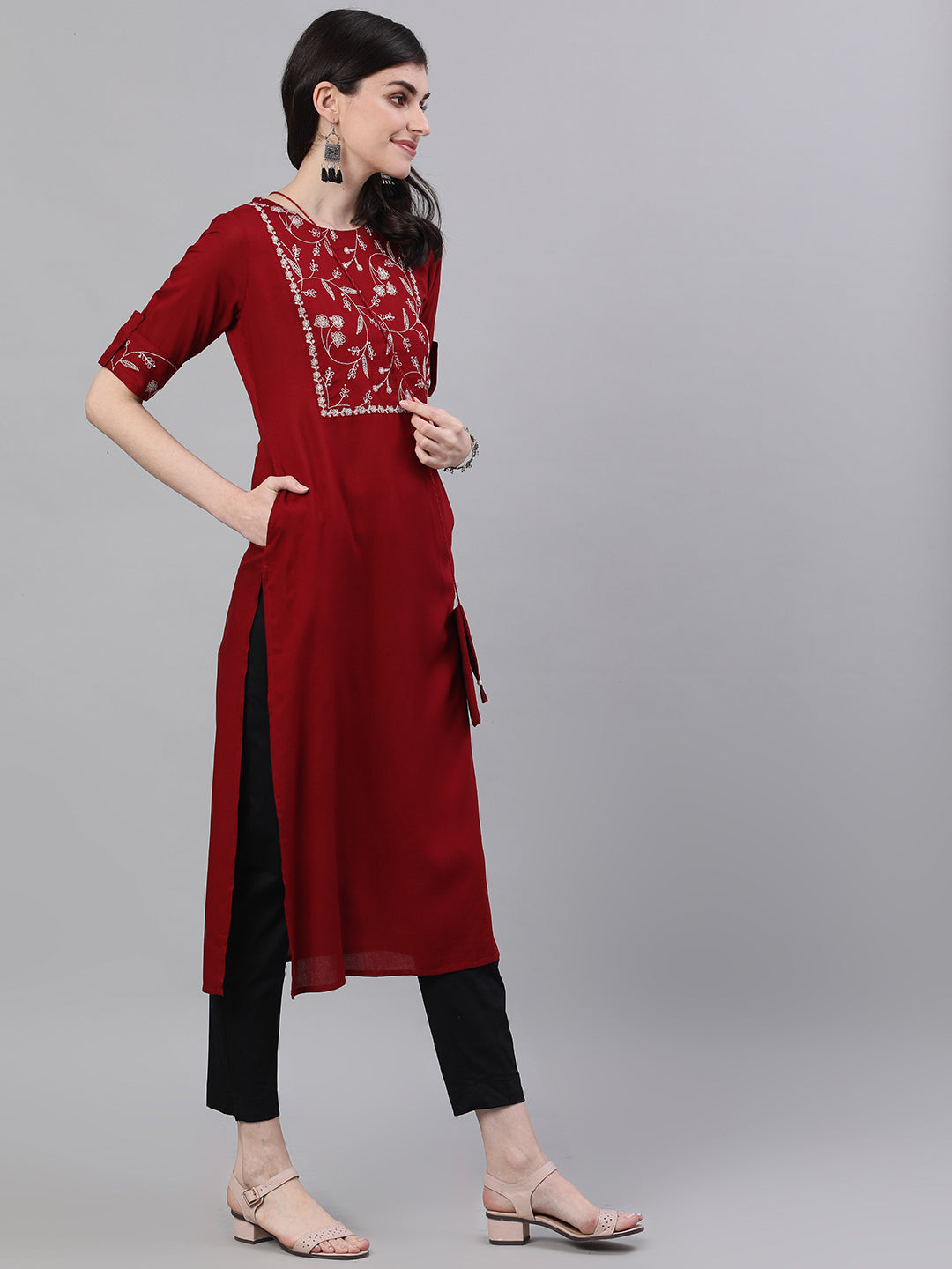 Women Maroon Calf Length Three-Quarter Sleeves Straight Woven Design Printed Viscose Rayon Kurta | LASVINI - Redefining Indian Fashion with Elegance