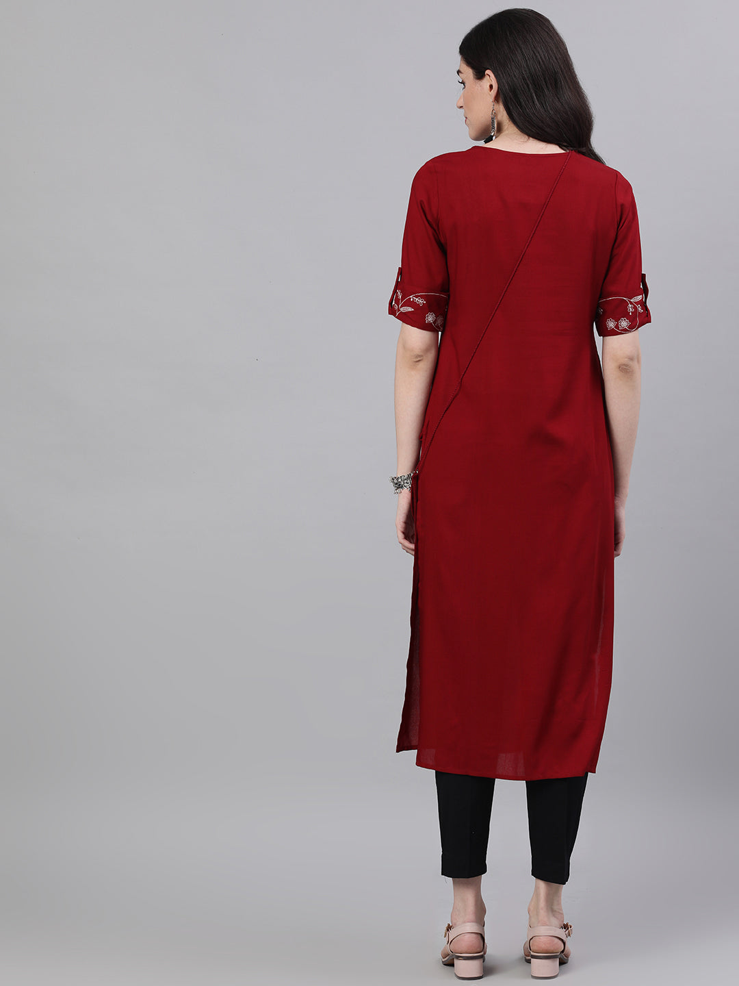 Women Maroon Calf Length Three-Quarter Sleeves Straight Woven Design Printed Viscose Rayon Kurta | LASVINI - Redefining Indian Fashion with Elegance