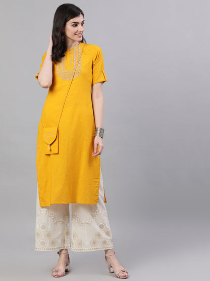 Women Mustard Calf Length Three-Quarter Sleeves Straight Woven Design Solid Cotton Kurta | LASVINI - Redefining Indian Fashion with Elegance