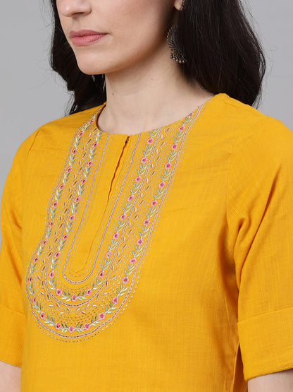 Women Mustard Calf Length Three-Quarter Sleeves Straight Woven Design Solid Cotton Kurta | LASVINI - Redefining Indian Fashion with Elegance
