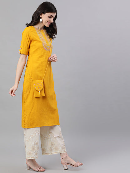 Women Mustard Calf Length Three-Quarter Sleeves Straight Woven Design Solid Cotton Kurta | LASVINI - Redefining Indian Fashion with Elegance
