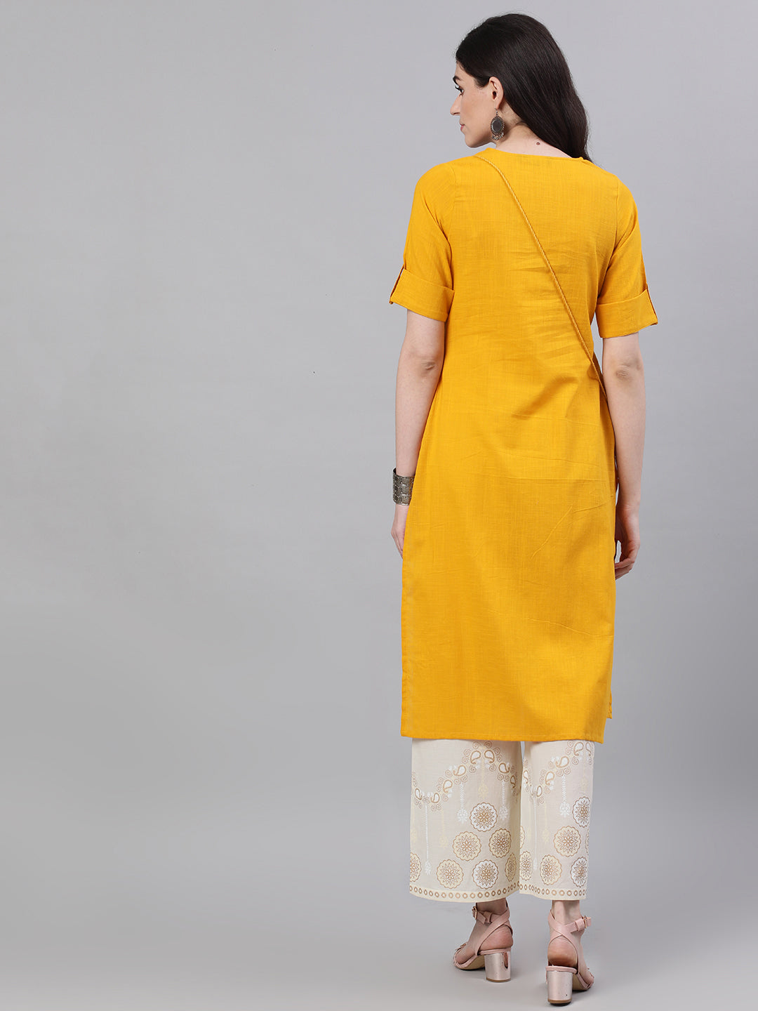 Women Mustard Calf Length Three-Quarter Sleeves Straight Woven Design Solid Cotton Kurta | LASVINI - Redefining Indian Fashion with Elegance