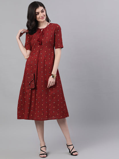 Women Maroon Polka Dots Printed Tie-Up Neck Polyester A-Line Dress | LASVINI - Redefining Indian Fashion with Elegance