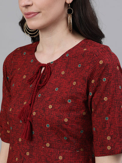 Women Maroon Polka Dots Printed Tie-Up Neck Polyester A-Line Dress | LASVINI - Redefining Indian Fashion with Elegance